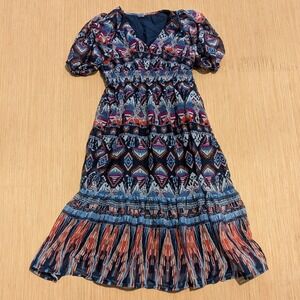 Old Navy Midi Dress Bohemian Southwestern Tiered Smocked Waist Women's XS Petite
